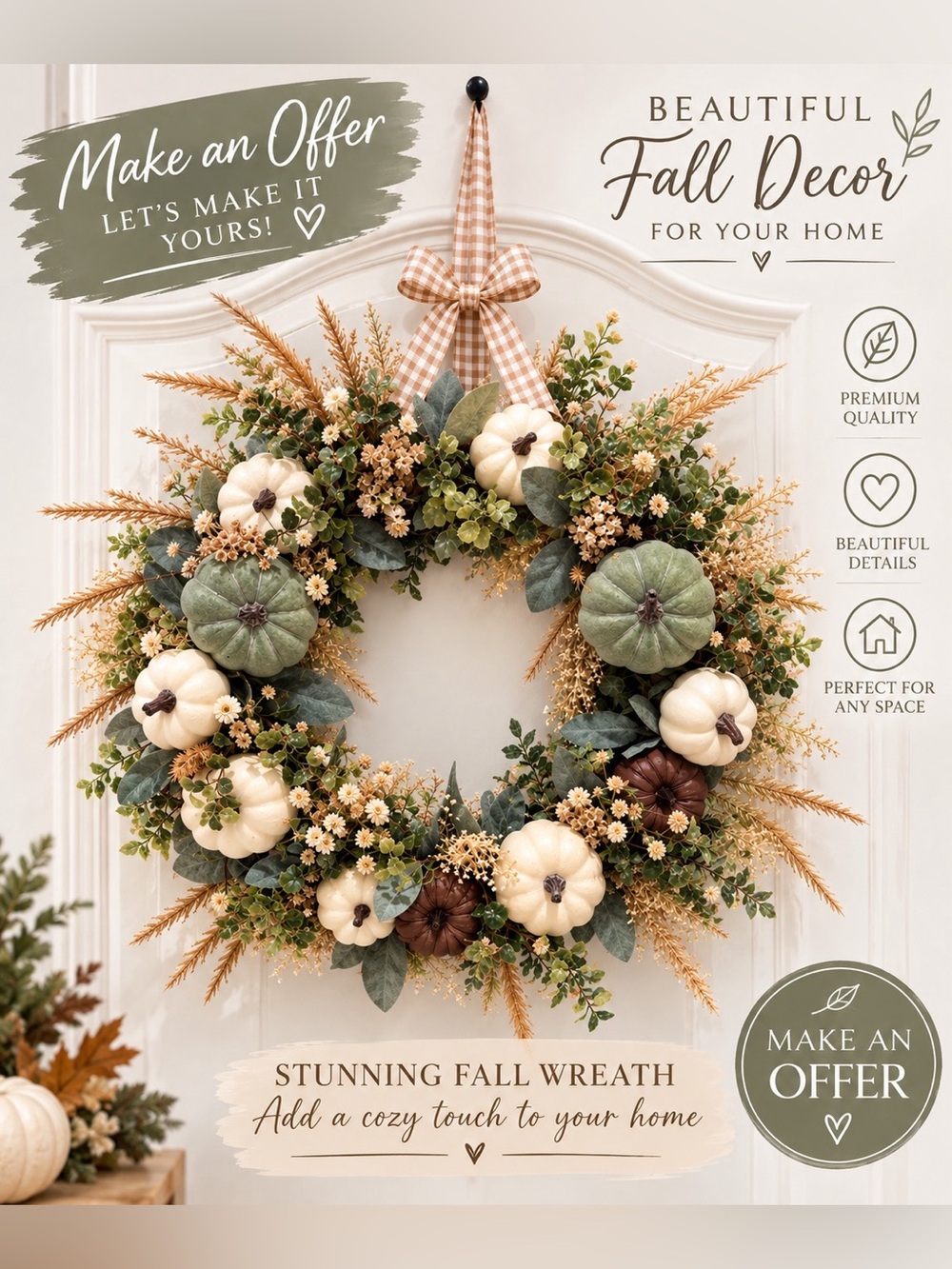 Fall Pumpkin & Greenery Wreath - Beautiful Fall Decor